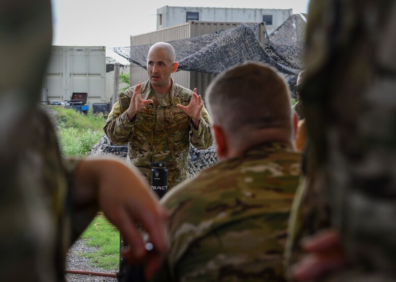Air Force Senior Master Sgt. Brian Kemmer, 66th Training Squadron, Det. 3. superintendent, addresses special operations recruiters from the 330th Recruiting Squadron before an immersion at Joint Base San Antonio-Lackland, June 3, 2019. Survival, Evasion, Resistance and Escape (SERE) cadre from are responsible for both the four-day Evasion and Conduct After Capture Course and the 15-day SERE Specialist Training Orientation Course at Joint Base San Antonio-Lackland. ECAC was the first stop for recruiters from the 330th RCS who travelled from across the United States to attend this biannual squadron training intended to immerse recruiters into SERE training  in order for them to be better able  to recruit Air Force SERE candidates.