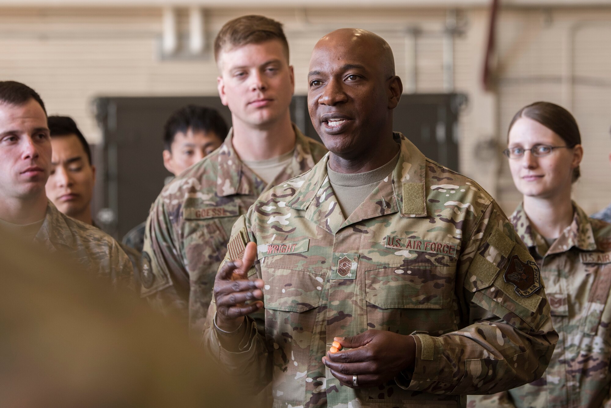 Chief Master Sergeant of the Air Force Kaleth O. Wright speaks to Airmen during his visit at the Red Flag-Alaska building, Joint Base Elmendorf-Richardson, Alaska, June 10, 2019. Chief Wright visited JBER during Red Flag-Alaska to meet with senior enlisted leader counterparts from throughout the Pacific. Red Flag-Alaska is a Pacific Air Forces-directed exercise that allows U.S. forces to train with coalition partners in a simulated environment.