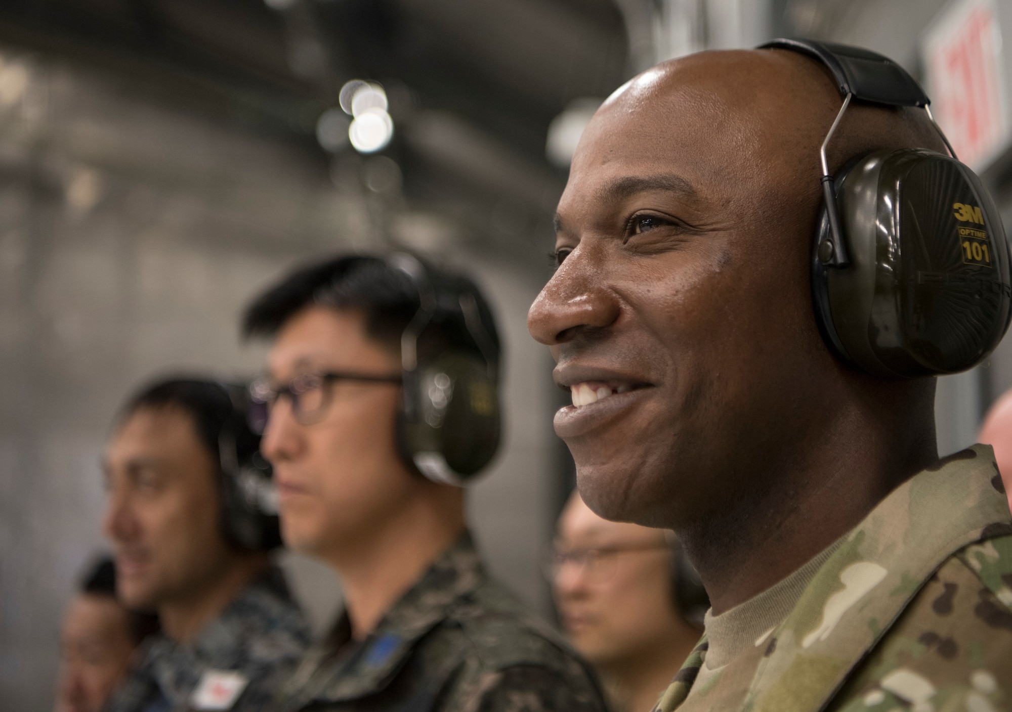 Chief Master Sergeant of the Air Force Kaleth O. Wright, chief master sergeant of the Republic of Korea, Ra Young-Chang and Joint Base Elmendorf-Richardson senior enlisted leaders watch during an F-22 jet engine test cell function check at JBER, Alaska, June 10, 2019. Chief Wright visited JBER during Red Flag-Alaska 19-2 to meet with his senior enlisted leader counterparts from throughout the Pacific. Red Flag-Alaska is a Pacific Air Forces-directed exercise that allows U.S. forces to train with coalition partners in a simulated combat environment.