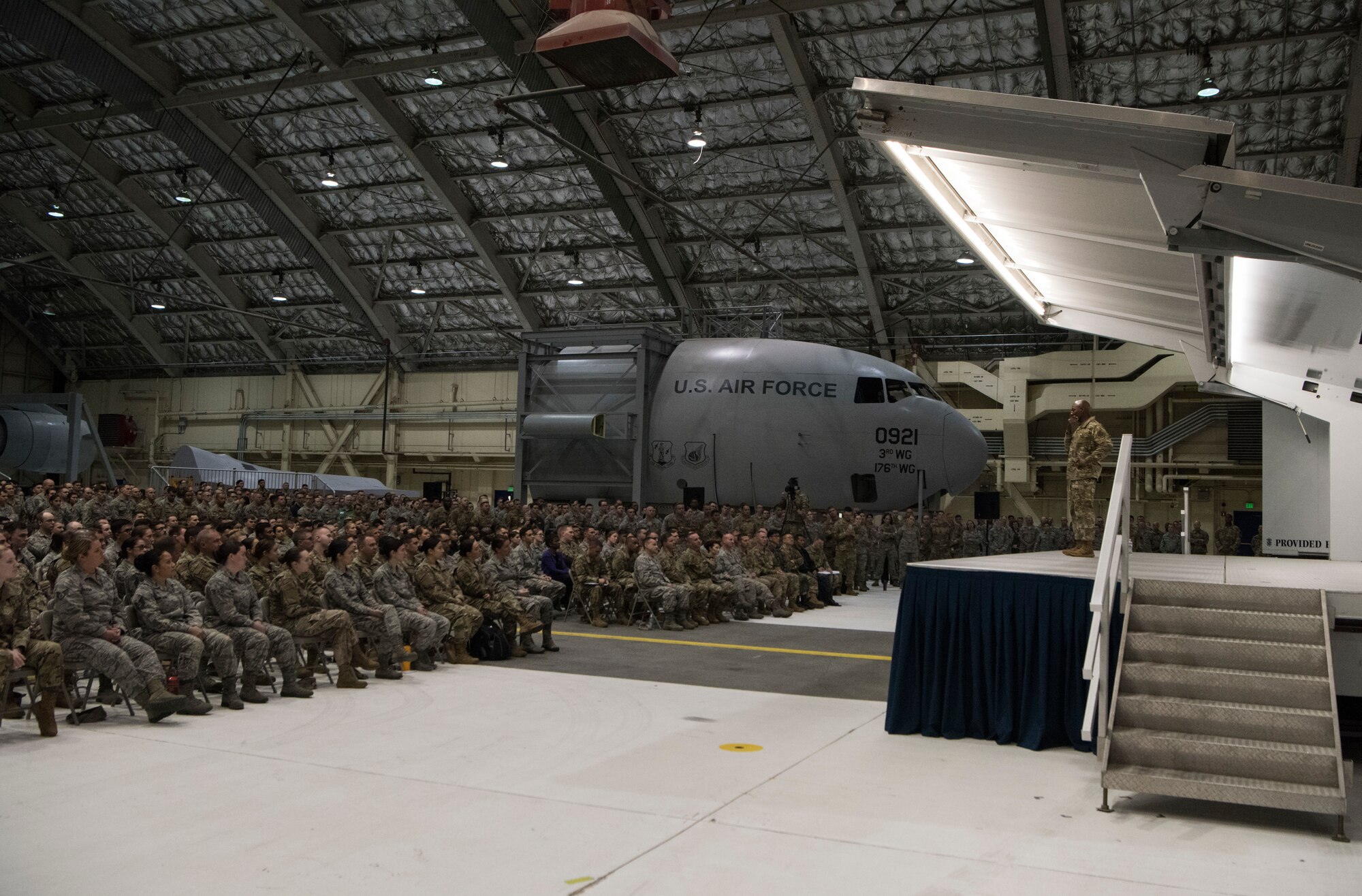 Chief Master Sergeant of the Air Force Kaleth O. Wright talks to members of Joint Base Elmendorf-Richardson, Alaska, during an all call June 10, 2019. Chief Wright visited JBER during RED FLAG-Alaska 19-2 to meet with his senior enlisted leader counterparts from throughout the Pacific. RED FLAG-Alaska is a Pacific Air Forces-directed exercise that allows U.S. forces to train with coalition partners in a simulated combat environment.