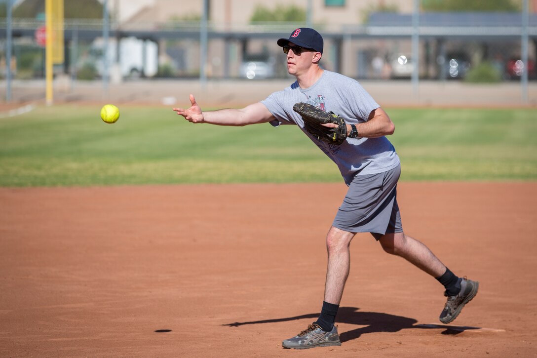 U.S. Marines attached to the Legal Service Support Detachment (LSSD) throughout Marine Corps Installations West (MCIWEST), participate in an annual softball tournament on Marine Corps Air Station Yuma, May 3, 2019. The MCIWEST tournament is held annually to build camaraderie throughout the West Coast LSSD. (U.S. Marine Corps photo by Sgt. Allison Lotz)