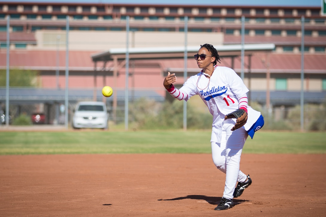 U.S. Marines attached to the Legal Service Support Detachment (LSSD) throughout Marine Corps Installations West (MCIWEST), participate in an annual softball tournament on Marine Corps Air Station Yuma, May 3, 2019. The MCIWEST tournament is held annually to build camaraderie throughout the West Coast LSSD. (U.S. Marine Corps photo by Sgt. Allison Lotz)