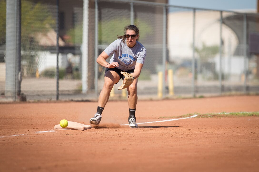 U.S. Marines attached to the Legal Service Support Detachment (LSSD) throughout Marine Corps Installations West (MCIWEST), participate in an annual softball tournament on Marine Corps Air Station Yuma, May 3, 2019. The MCIWEST tournament is held annually to build camaraderie throughout the West Coast LSSD. (U.S. Marine Corps photo by Sgt. Allison Lotz)