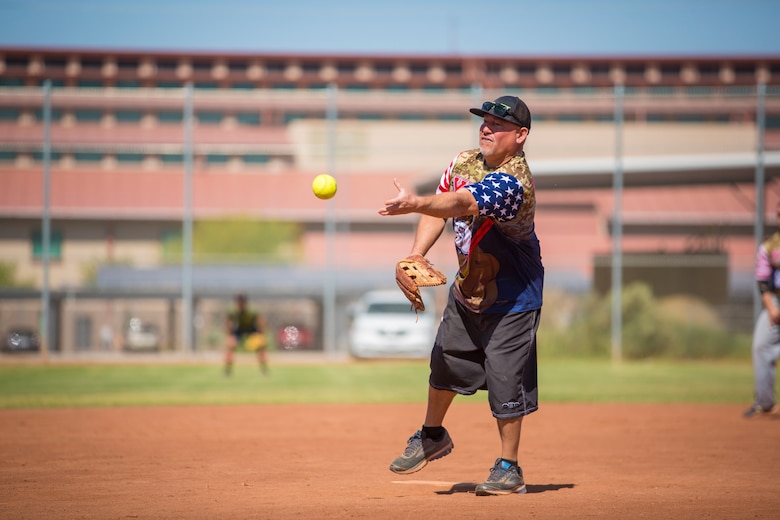 U.S. Marines attached to the Legal Service Support Detachment (LSSD) throughout Marine Corps Installations West (MCIWEST), participate in an annual softball tournament on Marine Corps Air Station Yuma, May 3, 2019. The MCIWEST tournament is held annually to build camaraderie throughout the West Coast LSSD. (U.S. Marine Corps photo by Sgt. Allison Lotz)