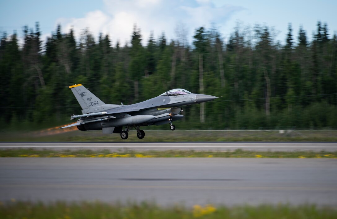 An F-16 Fighting Falcon from the 80th Fighter Squadron “Juvats”, Kunsan Air Base, Republic of Korea, takes off at Eielson Air Force Base, Alaska, June 10, 2019. Red Flag Alaska gives Kunsan pilots the unique opportunity to train in U.S. airspace and improve interoperability with a number of allies while using live munitions at the Joint Pacific Alaska Range Complex. (U.S. Air Force photo by Senior Airman Stefan Alvarez)