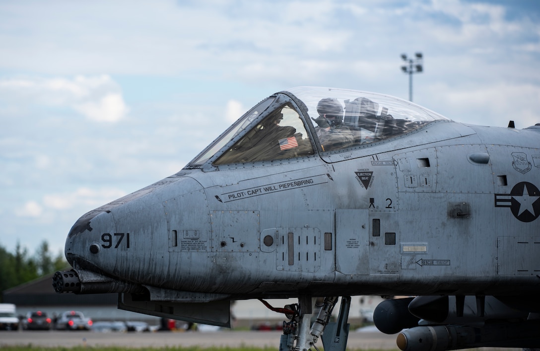 An A-10 Thunderbolt II from the 25th Fighter Squadron, Osan Air Base, Republic of Korea, taxis at Eielson Air Force Base, Alaska, June 10, 2019. The 25th traveled from Korea to participate in Red Flag-Alaska, a large-scale training exercise, with units and allied nation’s air forces from around the Pacific. (U.S. Air Force photo by Senior Airman Stefan Alvarez)