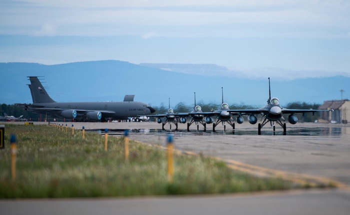 Japan Air Self-Defense Force F-2s from the 3rd Air Wing, Misawa Air Base, Japan, taxi down the runway at Eielson Air Force Base, Alaska, June 10, 2019. The 3rd Wing is participating in Red Flag-Alaska, a large-scale training exercise, with units and allied nations' air forces from around the Pacific. (U.S. Air Force photo by Senior Airman Stefan Alvarez)