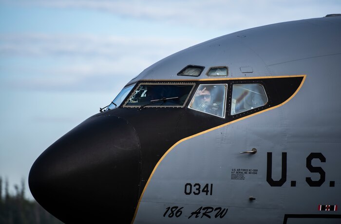 Pilots of a KC-135 Stratotanker from the 168th Wing taxi down the runway at Eielson Air Force Base, Alaska, June 10, 2019. RF-A is a large-scale field training exercise headquartered at Eielson and utilizes the 67,000 square mile Joint Pacific Alaska Range Complex. (U.S. Air Force photo by Senior Airman Stefan Alvarez)