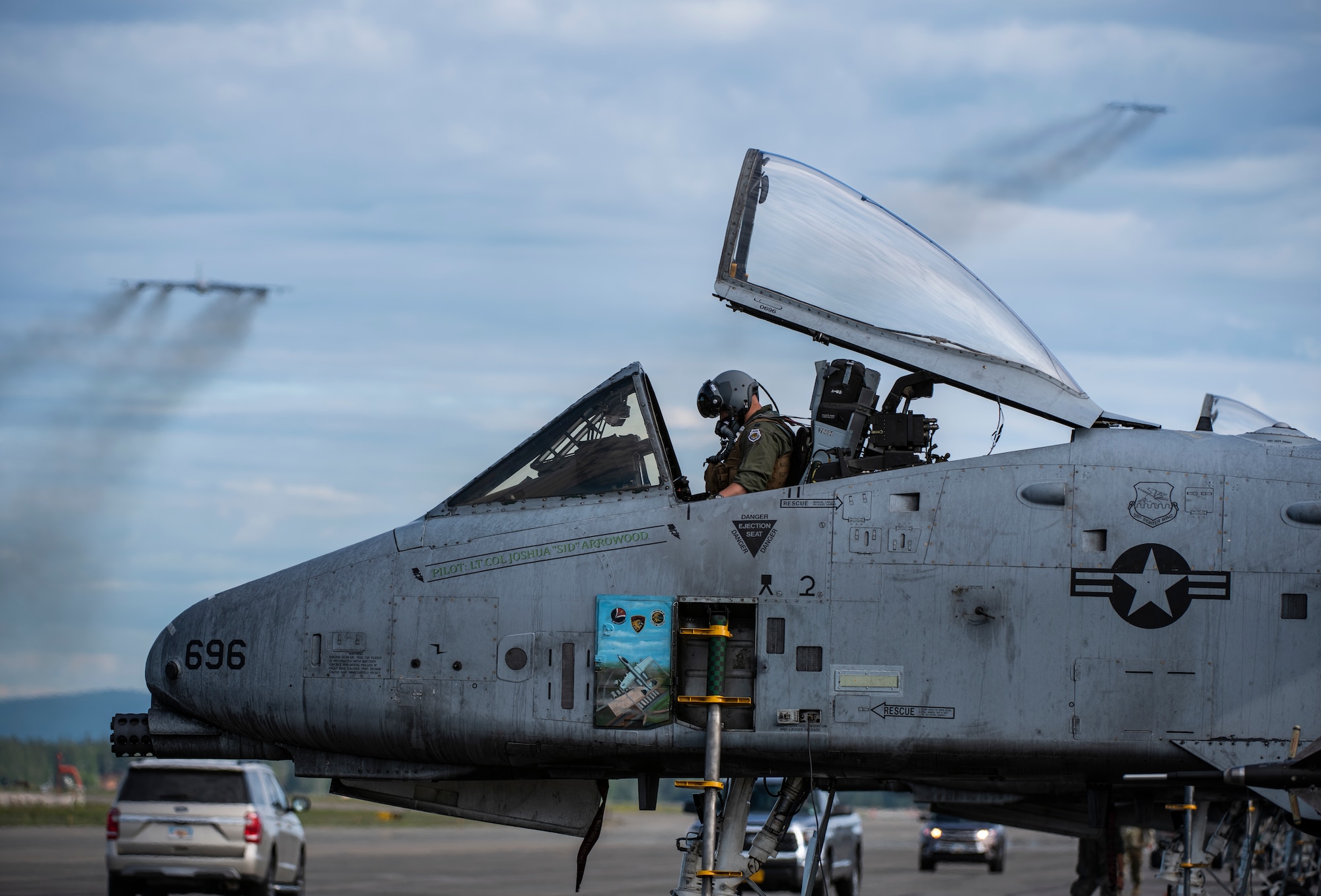 An A-10 Thunderbolt pilot from the 25th Fighter Squadron, Osan Air Base, Republic of Korea, performs pre-flight checks at Eielson Air Force Base, Alaska, June 10, 2019. The 25th FS is participating in Exercise Red Flag-Alaska 19-2, a large-scale training exercise, with units and allied nation's’ air forces from around the Pacific. (U.S. Air Force photo by Senior Airman Stefan Alvarez)