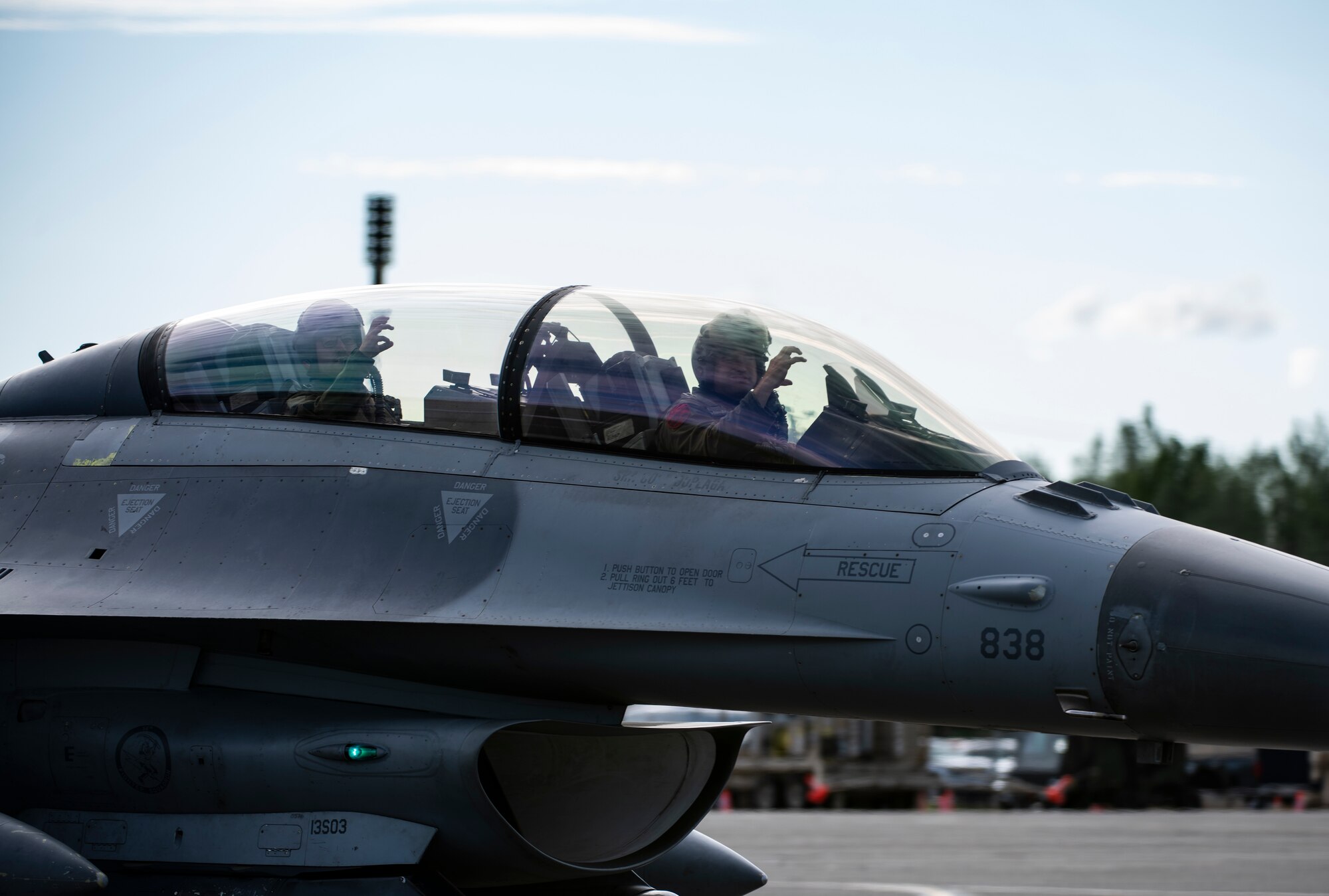 An F-16 Fighting Falcon from the 13th Fighter Squadron, Misawa Air Base, Japan, taxis at Eielson Air Force Base, Alaska, June 10, 2019. The 13th FS is participating in Exercise Red Flag-Alaska 19-2, a large-scale training exercise, with units and allied nation’s air forces from around the Pacific. (U.S. Air Force photo by Senior Airman Stefan Alvarez)