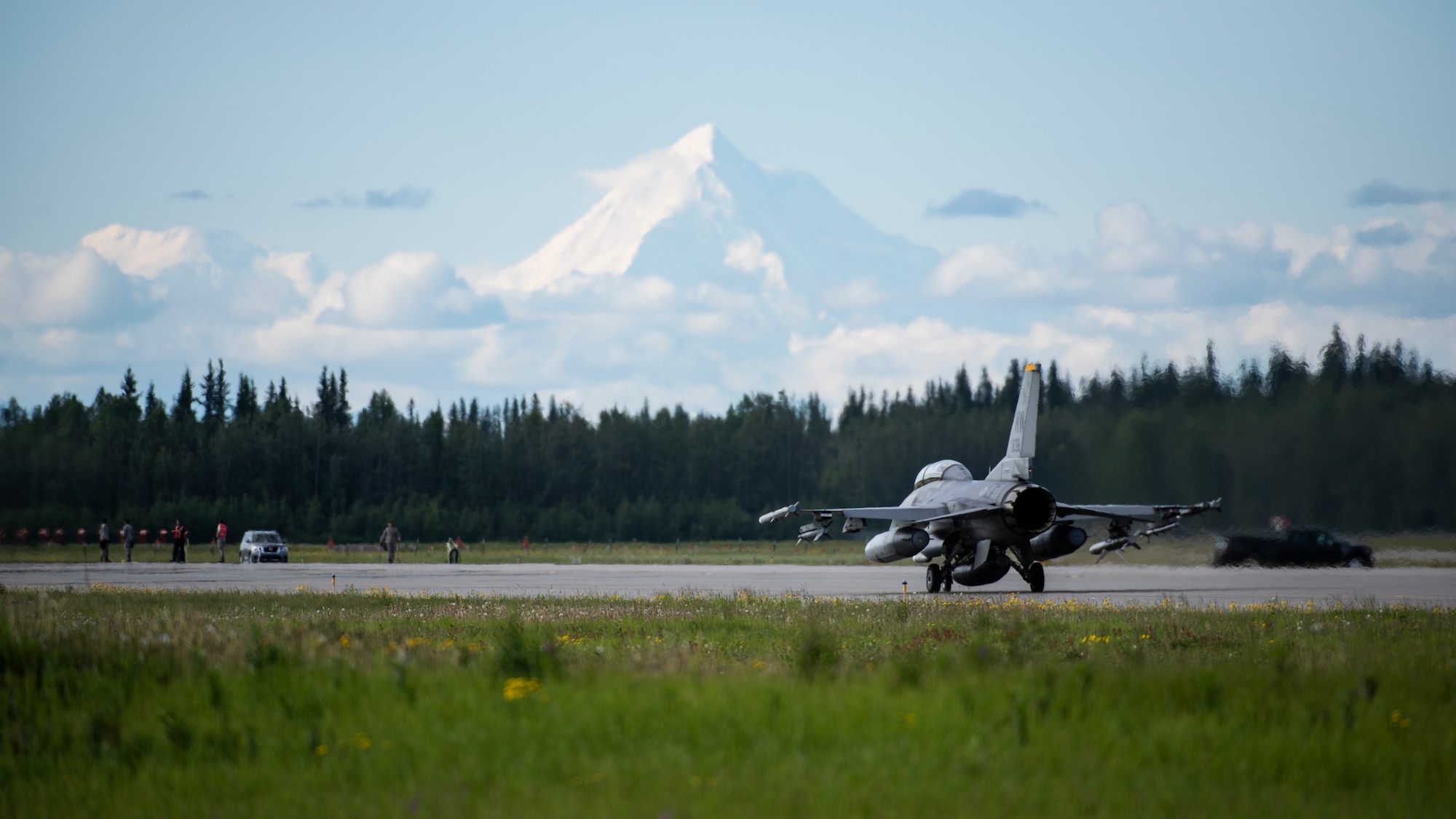 An F-16 Fighting Falcon from the 13th Fighter Squadron, Misawa Air Base, Japan, taxis at Eielson Air Force Base, Alaska, June 10, 2019. The 13th FS is participating in Exercise Red Flag-Alaska 19-2, a large-scale training exercise, with units and allied nation’s air forces from around the Pacific. (U.S. Air Force photo by Senior Airman Stefan Alvarez)