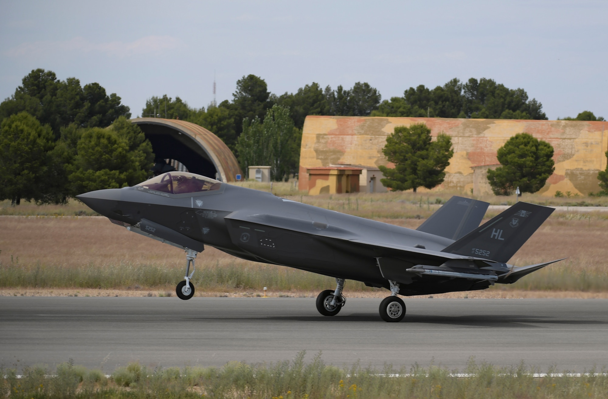 A U.S. F-35A Lightning II aircraft lands at Los Llanos Air Base, Spain.