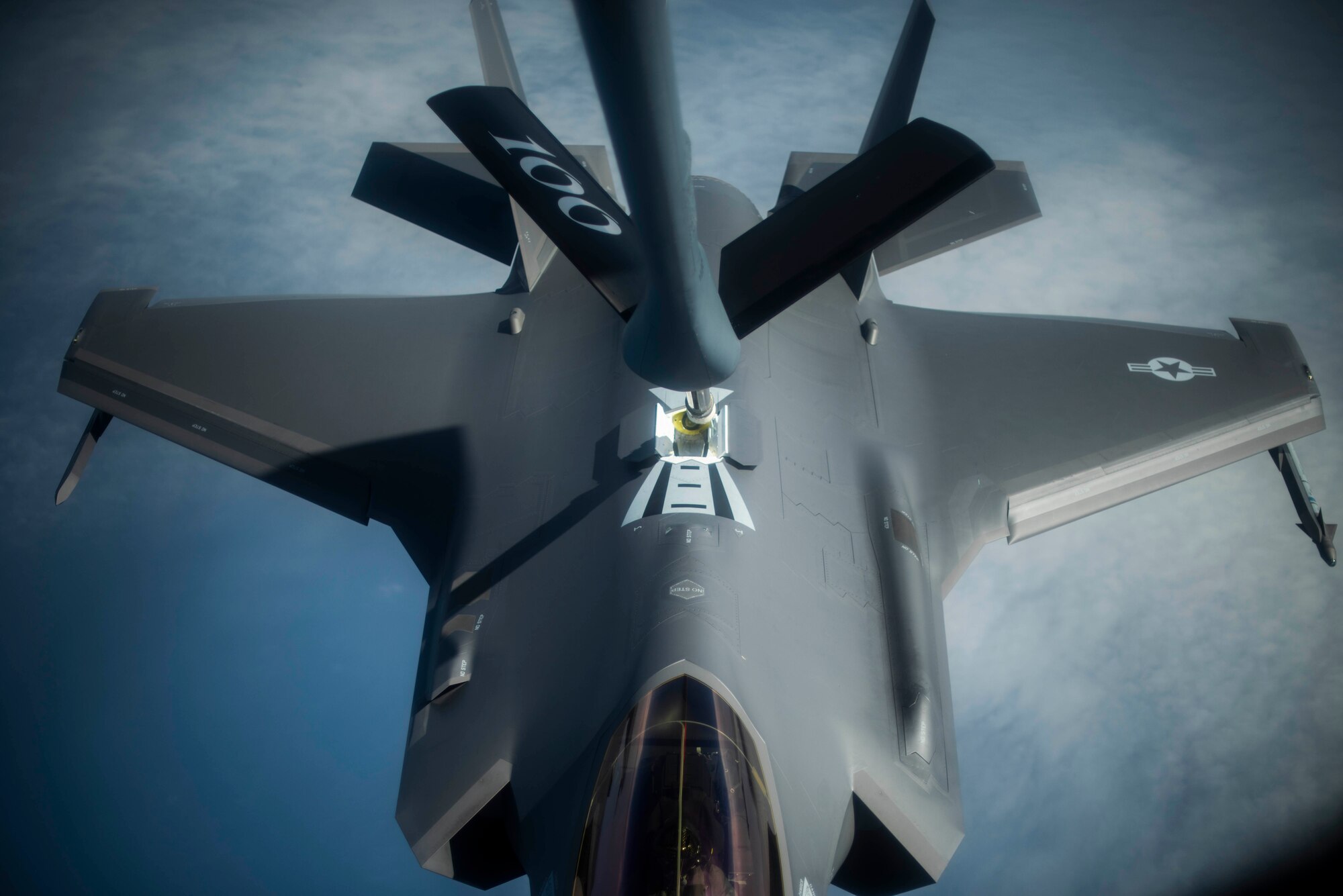 A U.S. Air Force F-35 Lightning II receives fuel from a U.S. Air Force KC-135 Stratotanker during air refueling training for a Theater Security Package over the Mediterranean Sea, June 11, 2019. A Theater Security Package is a rotational force the Air Force deploys in order to conduct training, enhance readiness and interoperability, assure allies, deter adversaries, and demonstrate commitment to the region. (U.S. Air Force photo by Senior Airman Luke Milano)