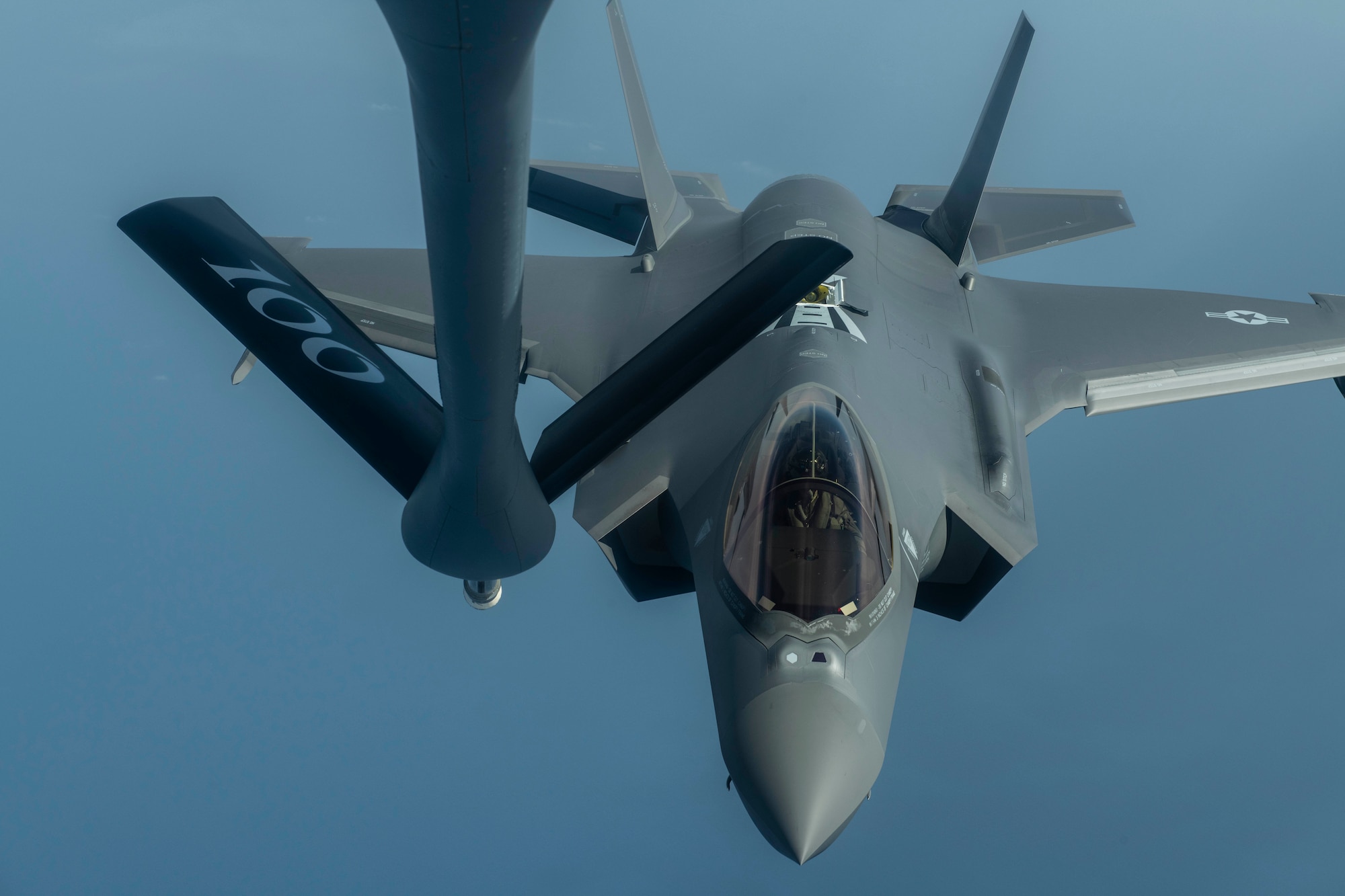 A U.S. Air Force F-35 Lightning II flies behind a U.S. Air Force KC-135 Stratotanker before conducting air refueling training for a Theater Security Package over the Mediterranean Sea, June 11, 2019. Rotational forces like the Theater Security Package underscore U.S. commitment to working alongside our partners and allies to bolster collective defense and security capabilities. (U.S. Air Force by Senior Airman Luke Milano)