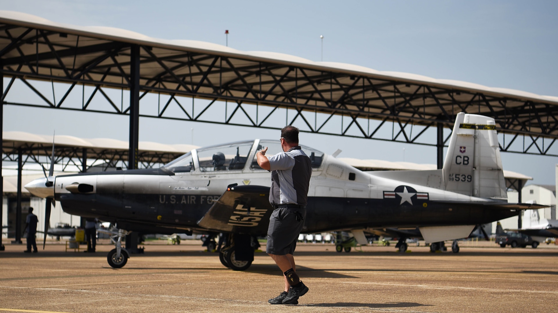 A T-6 Texan II taxis for takeoff at Columbus Air Force Base, Mississippi, July 2, 2018. The Air Force is looking at ways to procure hardware upgrades like the enhanced On-Board Oxygen Generating Systems, or OBOGS, faster and smarter, increase basic science and research and collect and apply new research data into acquisitions standards to properly address the broader issue of physiological events that cuts across all manned aviation.