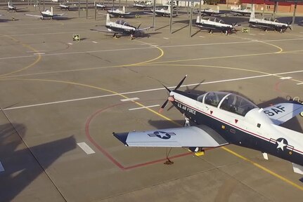 T-6 Texan II aircraft parked on the ramp at Vance Air Force Base, Oklahoma, June 14, 2017. The Air Force is looking at ways to procure hardware upgrades like the enhanced On-Board Oxygen Generating Systems faster and smarter, increase basic science and research and collect and apply new research data into acquisitions standards in order to properly address the broader issue of physiological events that cuts across all manned aviation.