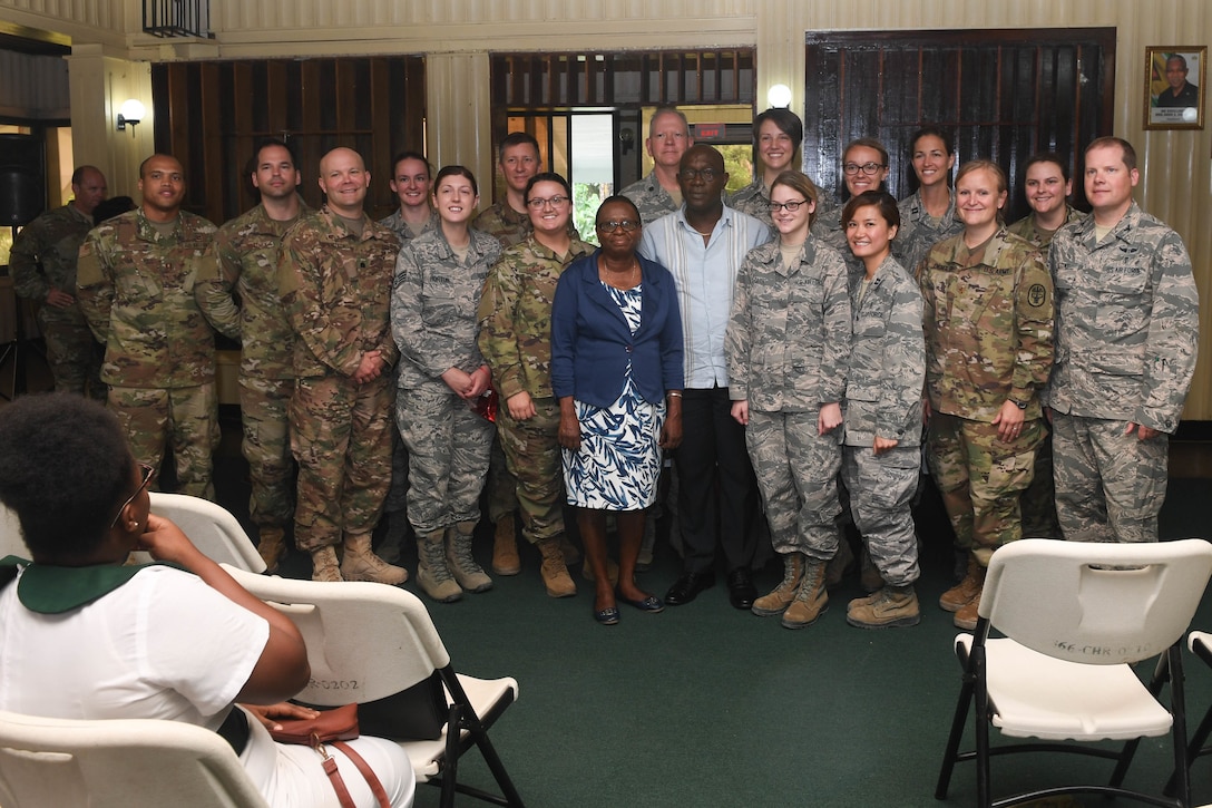 U.S. service members and Linden Hospital Complex employees take a photo together.