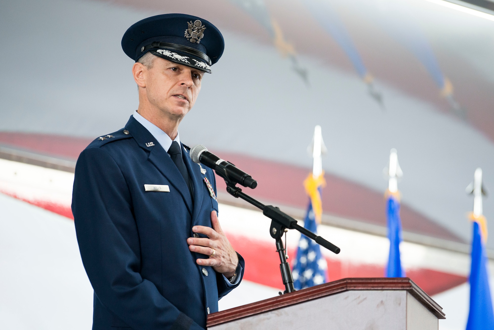Maj. Gen. Craig Wills, 19th Air Force commander, addresses the men and women of the 19th Air Force for the first time as their commander during a change of command ceremony June 13, 2019, at Joint Base San Antonio-Randolph, Texas. Wills was previously the deputy chief of the Office of Security Cooperation-Iraq.  He is a command pilot with more than 2,500 hours of flying time, primarily in the F-15C and F-15E. (U.S. Air Force photo by Sean M. Worrell)