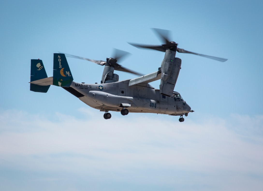 An MV-22B Osprey with Marine Medium Tiltrotor Squadron (VMM) 764, 4th Marine Aircraft Wing, takes off from Marine Corps Air Station Miramar, Calif., June 12. Once a year reserve components of the Marine Corps go on two-week annual training detachments to sharpen their skills in their military occupational specialties. (U.S. Marine Corps photo by Sgt. Becky Cleveland)