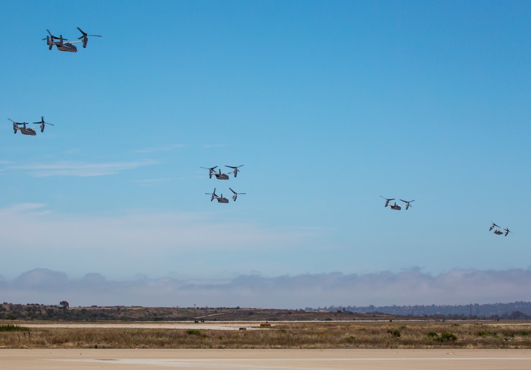 Multiple MV-22B Ospreys with Marine Medium Tiltrotor Squadron (VMM) 764, 4th Marine Aircraft Wing, take off from Marine Corps Air Station Miramar, Calif., June 12. Once a year reserve components of the Marine Corps go on two-week annual training detachments to sharpen their skills in their military occupational specialties. (U.S. Marine Corps photo by Sgt. Becky Cleveland)