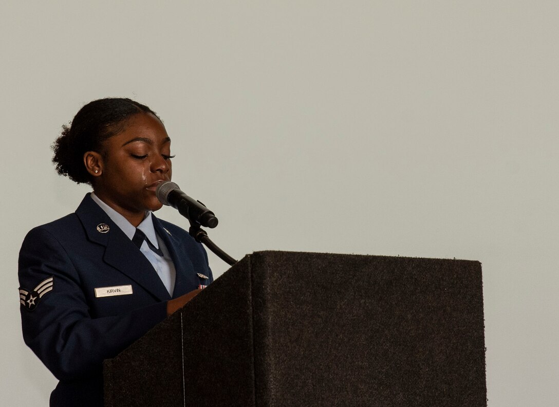 U.S. Air Force Senior Airman Gabrielle Kirvin, 20th Component Maintenance Squadron electronic warfare specialist, pauses for a moment during a memorial service for Staff Sgt. Amalia Joseph, 20th Component Maintenance Squadron electronic warfare journeyman at Shaw Air Force Base, South Carolina, June 7, 2019.