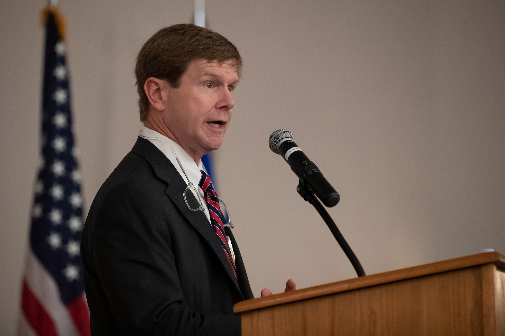 David Dethloff, president of the Shreveport Bossier Military Affairs Council, speaks during the Barksdale Air Force Base, Louisiana and MAC quarterly update luncheon at Barksdale, June 12, 2019. The MAC presented more than a dozen Barksdale Airmen with academic scholarships during the luncheon. (U.S. Air Force photo by Senior Airman Maxwell Daigle)