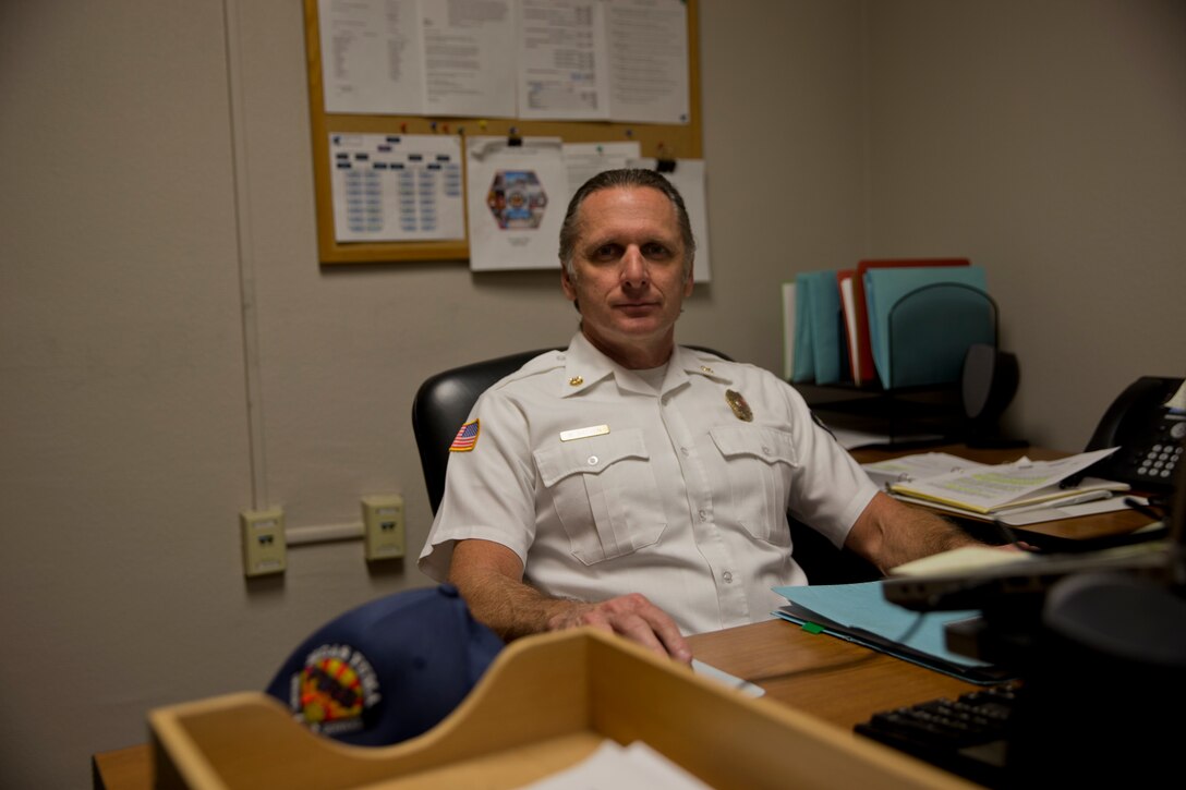MARINE CORPS AIR STATION YUMA, Ariz. (May 1, 2019) – Years of dedicated service has not gone unnoticed when it comes to Michael R. Batson Fire Chief Marine Corps Air Station Yuma. In April 2019, Chief Batson was recognized for his 25 years of service to the Marine Corps. Chief Batson was enlisted in the Marine Corps for 4 years spending 3 of them at Marine Corps Air Station Yuma with Air Traffic control. In his daily tasks he is responsible for operations, which include the firefighters, vehicles, technical, HAZMAT, and medical emergencies. When asked about what has kept him going all of the years his response was simple “I enjoy working with and working for Marines, I would much rather prefer to work here than anywhere else”.

(U.S. Marine Corps photo by Lance Cpl. Joel Soriano)