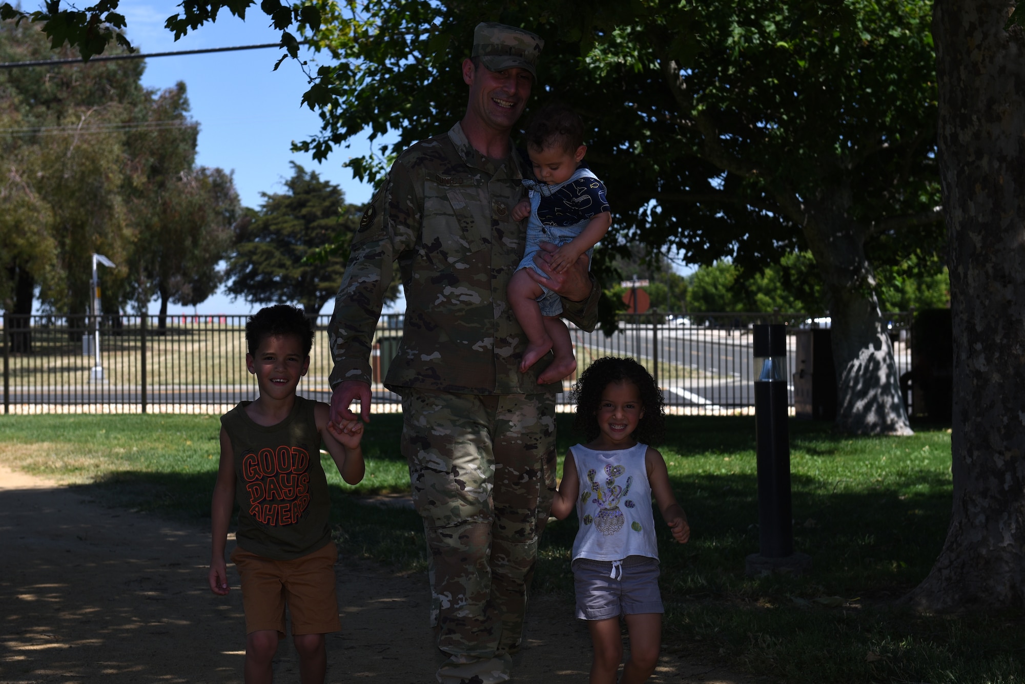 U.S. Air Force Tech. Sgt. Joshua Cunico, 373rd Training Squadron military training unit flight chief, goes for a walk with his children, Joshua Jr., 5, and Rowan, 3, and Caius, 6 months old, June 12, 2019, at Travis Air Force Base, California. Cunico and his family cherish Father’s Day this year because they get to spend it together. Cunico has deployed twice since becoming a dad in 2014. (U.S. Air Force photo by Airman 1st Class Cameron Otte)
