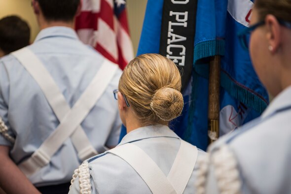 Civil Air Patrol Squadron 101 cadets post the colors during a ribbon cutting ceremony March 7, 2019, at Vandenberg Air Force Base, Calif. Civil Air Patrol is a 501(c)(3) non-profit organization split between two sections. The first is comprised of members with specialized skills who support the local community. The second is a cadet program designed to mold and polish young leaders. (U.S. Air Force photo by Airman 1st Class Hanah Abercrombie)