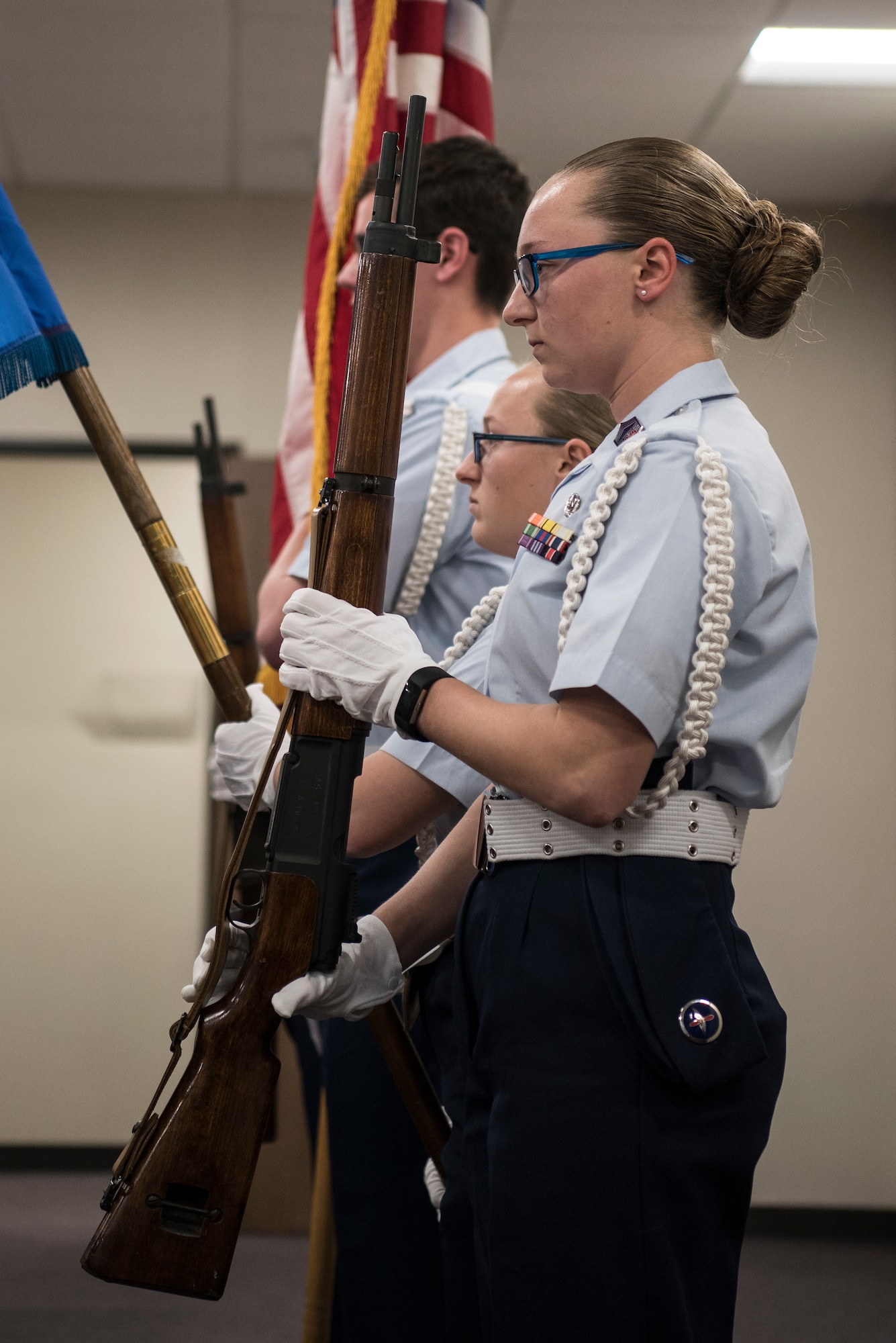 Civil Air Patrol Squadron 101 cadets post the colors during a ribbon cutting ceremony March 7, 2019, at Vandenberg Air Force Base, Calif. The Civil Air Patrol cadet program not only helps the local community and Vandenberg AFB, but it also teaches leadership skills and character development through the courses, as well as physical fitness to prepare cadets for whatever career they choose in life. (U.S. Air Force photo by Airman 1st Class Hanah Abercrombie)