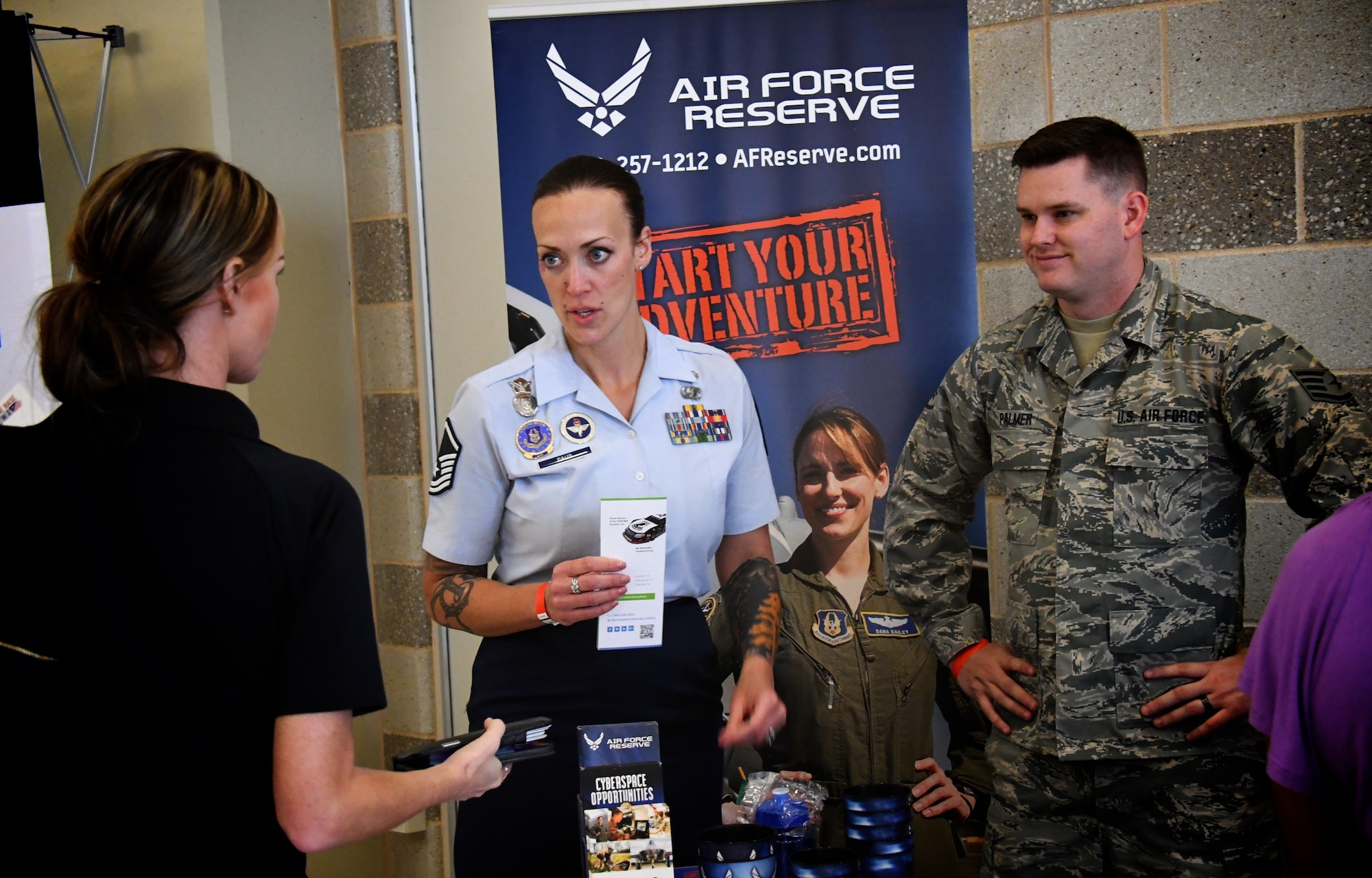Recruiters Master Sgt. Brittany Paus and Staff Sgt. Justin Palmer along with public affairs staff from the 932nd Airlift Wing joined the Military Career Fair in Saint Louis on June 13, 2019. There were multiple employers from all types of career fields on hand to provide veterans with potential employment opportunities, including Citizen Airmen traditional reservist positions at the 932nd AW.  (U.S. Air Force photo by Lt. Col. Stan Paregien)