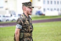 U.S. Marine Corps 2nd Lt. Bryan Towers sounds the adjutant’s call during a change of command ceremony June 4, 2019 on Camp Kinser, Okinawa, Japan. Lt. Col. Kevin M. Chunn, a native of Bernalillo, New Mexico, relinquished command of 3rd Supply Battalion, Combat Logistics Regiment 35, 3rd Marine Logistics Group, to Lt. Col. Robert D. Wolfe II, a native of Columbus, Mississippi, during the ceremony. Towers, the adjutant for 3rd Supply Bn., CLR-35, 3rd MLG, is a native of Volant, Pennsylvania. (U.S. Marine Corps photo by Cpl. Joshua S. Pinkney)