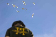U.S. Marine Corps Cpl. Daniel Vollman observes a simulated bundle drop equipped with the Joint Precision Air Drop System June 6, 2019, at Ie Shima, Okinawa, Japan.  Air delivery specialists with Air Delivery Platoon, Landing Support Company, 3rd Transportation Support Battalion, Combat Logistics Regiment 3, 3rd Marine Logistics Group, employed the JPADS to enhance mission readiness by providing hands-on rehearsals. The JPADS is an autonomous system designed to provide accurate delivery of cargo and supplies to ground component forces. Vollman, an air delivery specialist with Air Delivery Plt., LS Co., 3rd TSB, CLR-3, 3rd MLG, is a native of Alexandria, Louisiana. (U.S. Marine Corps photo by Lance Cpl. Mark Fike)