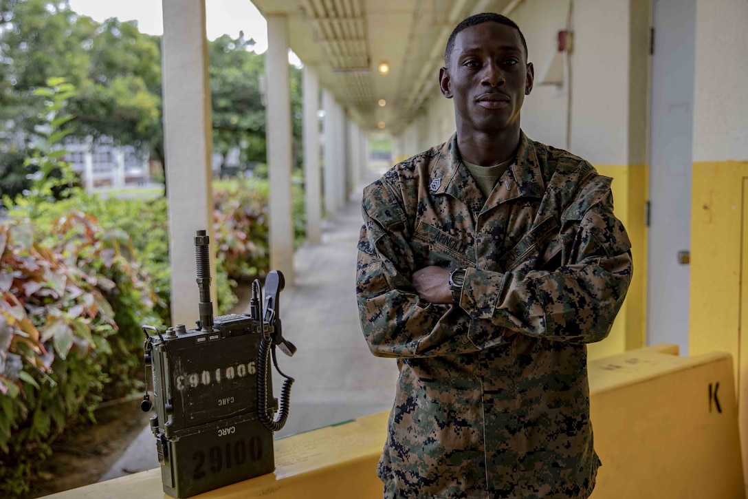 U.S. Marine Corps Staff Sgt. Alex Arnold set up communication gear and equipment during Marine Expeditionary Force Exercise 19 April 22 through May 9, 2019, at Camp Foster, Okinawa, Japan. MEFEX 19 is a command post exercise that allows III Marine Expeditionary Force commanders and staff to practice their ability to execute command and control within a notional scenario. Arnold, a native of Columbus, Georgia, is a networking chief with Networking Platoon, Communications Company, Combat Logistics Regiment 37, 3rd Marine Logistics Group. (U.S. Marine Corps photo by Lance Cpl. Terry Wong)
