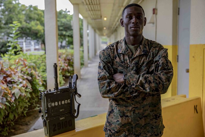 U.S. Marine Corps Staff Sgt. Alex Arnold set up communication gear and equipment during Marine Expeditionary Force Exercise 19 April 22 through May 9, 2019, at Camp Foster, Okinawa, Japan. MEFEX 19 is a command post exercise that allows III Marine Expeditionary Force commanders and staff to practice their ability to execute command and control within a notional scenario. Arnold, a native of Columbus, Georgia, is a networking chief with Networking Platoon, Communications Company, Combat Logistics Regiment 37, 3rd Marine Logistics Group. (U.S. Marine Corps photo by Lance Cpl. Terry Wong)