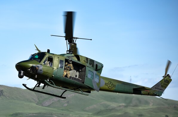 A UH-1N helicopter with the 40th Helicopter Squadron prepare to land during an integrated recapture and recovery exercise June 11, 2019, at an intercontinental ballistic missile launch facility near Simms, Mont.