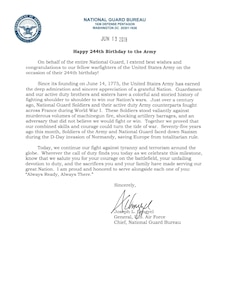 Gen. Joseph L. Lengyel, chief of the National Guard Bureau, delivered a happy birthday message to the U.S. Army, which is celebrating its 244th birthday.