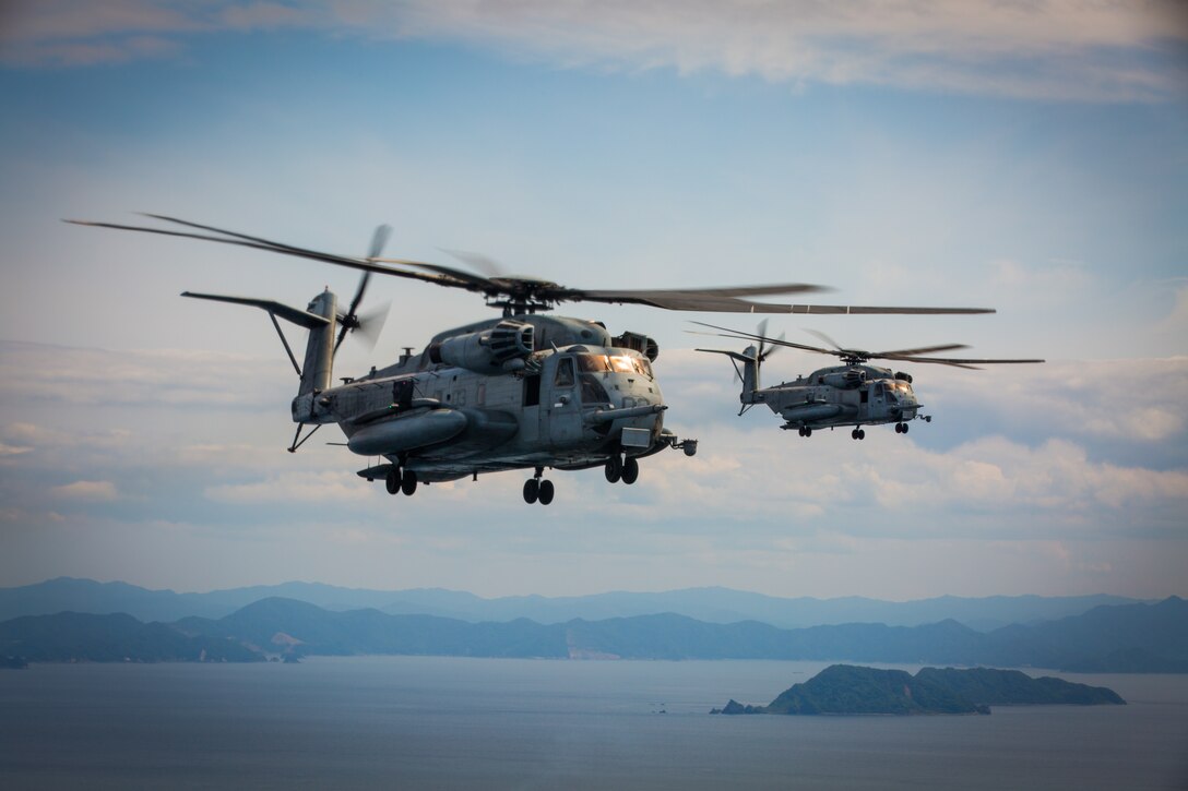 Marines with Marine Heavy Helicopter Squadron 462 fly three CH-53E Super Stallions from Marine Corps Air Station Futenma to MCAS Iwakuni, June 8, 2019. HMH-462 flew from Marine Corps Air Station Futenma to MCAS Iwakuni to work together with Marine Aerial Refueler Transport Squadron 152. During HMH-462's stay they conducted air refueling and assault exercises, support demonstrating the operational flexibility and tactical supremacy this platform brings to the Indo-Pacific region.