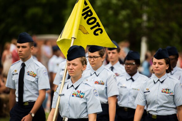 After seven days, U.S. Air Force Junior ROTC cadets and their families celebrate their graduation from the Cadet Leadership Course June 8, 2019 at Scott Air Force Base, Ill. The cadets were faced with a multitude of challenges and activities with the purpose of improving their leadership skills and the confidence needed to lead their flights. (U.S. Air Force photo by Senior Airman Daniel Garcia)