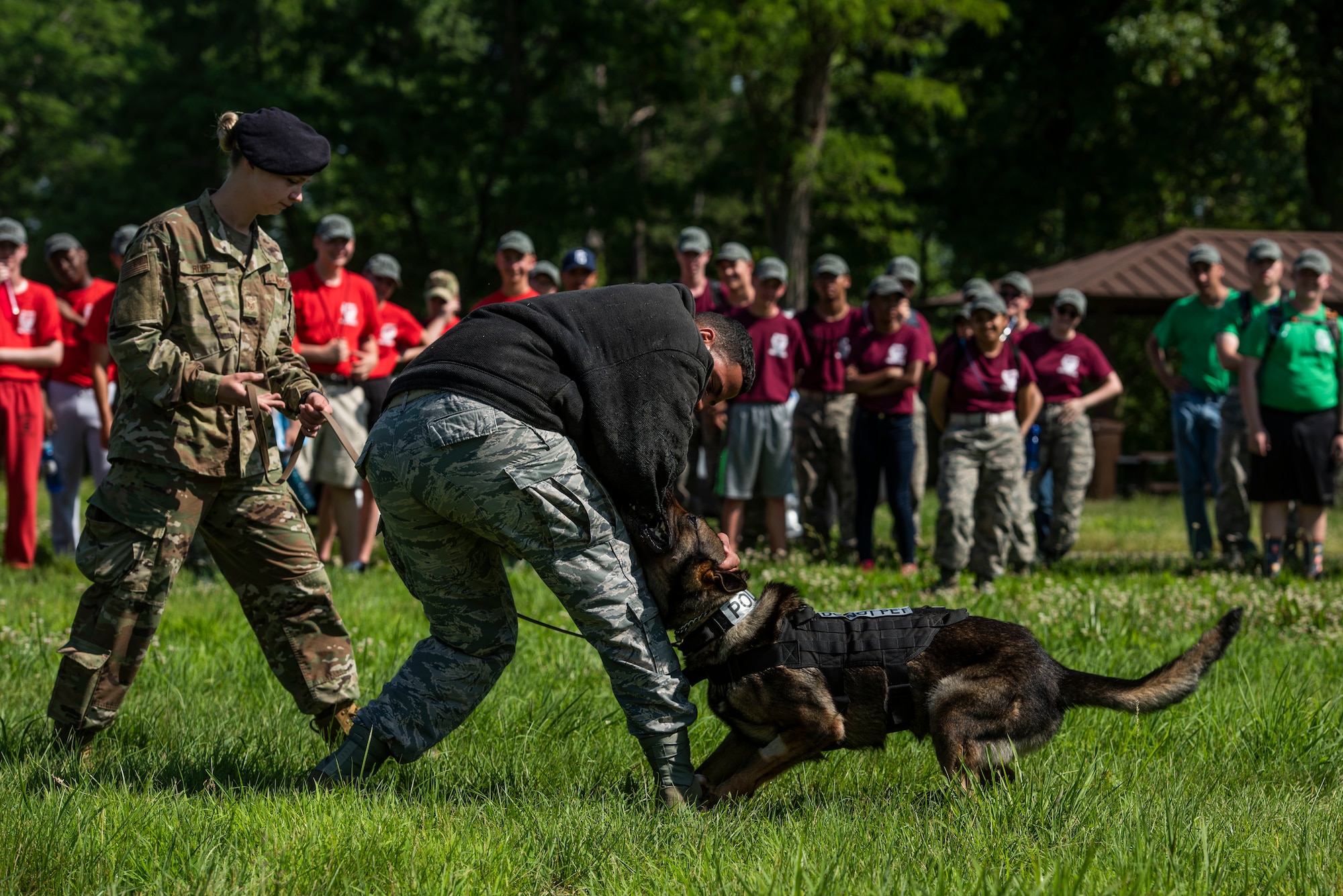 Members of the 375th Security Forces Squadron put on a Military Working Dog demonstration for U.S. Air Force Junior ROTC cadets participating in the Cadet Leadership Course June 5, 2019 at Scott Air Force Base, Ill. Cadets were also given an opportunity to tour the 375th SFS and gain an in-depth look at the mission of Scott AFB’s defenders. (U.S. Air Force photo by Senior Airman Daniel Garcia)