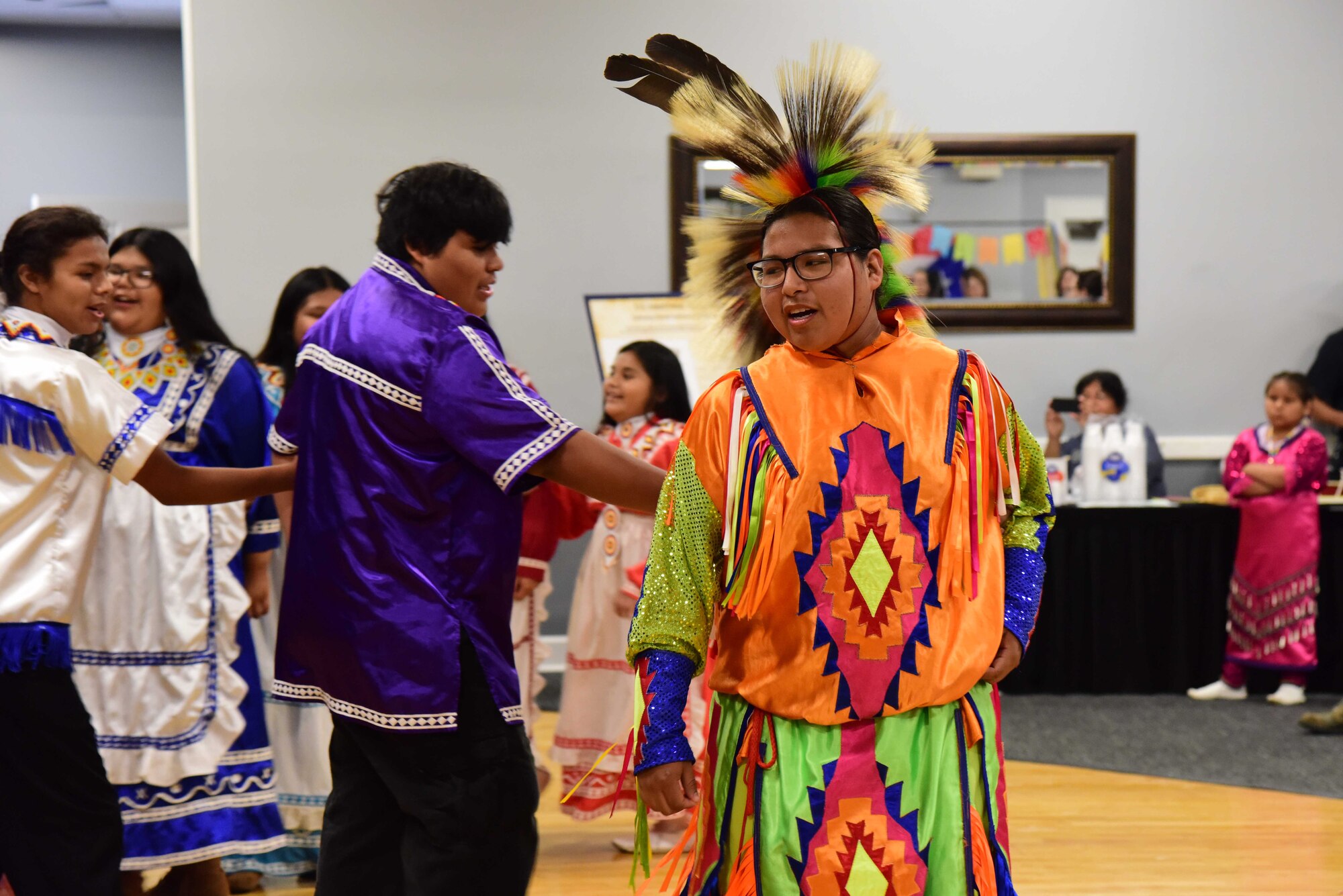 Choctaw dancers perform as a part of the Diversity Day events, June 7, 2019, on Columbus Air Force Base, Miss. The group performed multiple ceremonial Choctaw dances and chants for Team BLAZE members attending the event. (U.S. Air Force photo by Elizabeth Owens)
