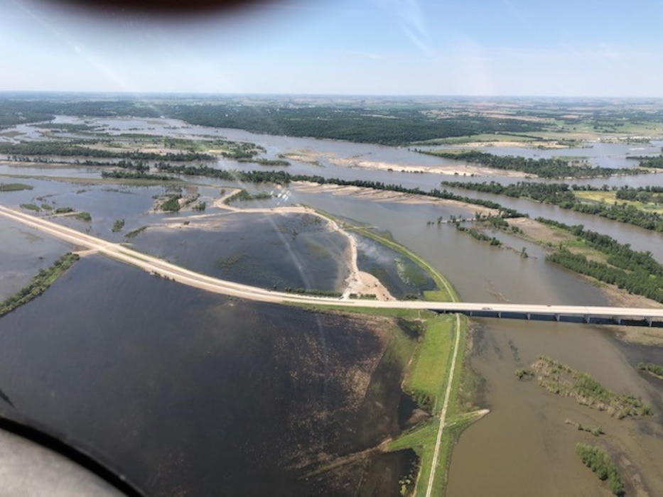 Aerial view of closed breach on levee L611-614 near Council Bluffs, Iowa June 13, 2019. (Photo courtesy of Offutt Aero Club).