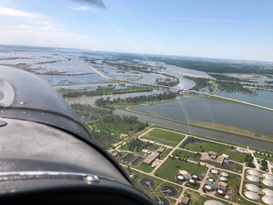 Aerial view of closed breach on levee L611-614 near Council Bluffs, Iowa June 13, 2019. (Photo courtesy of Offutt Aero Club).