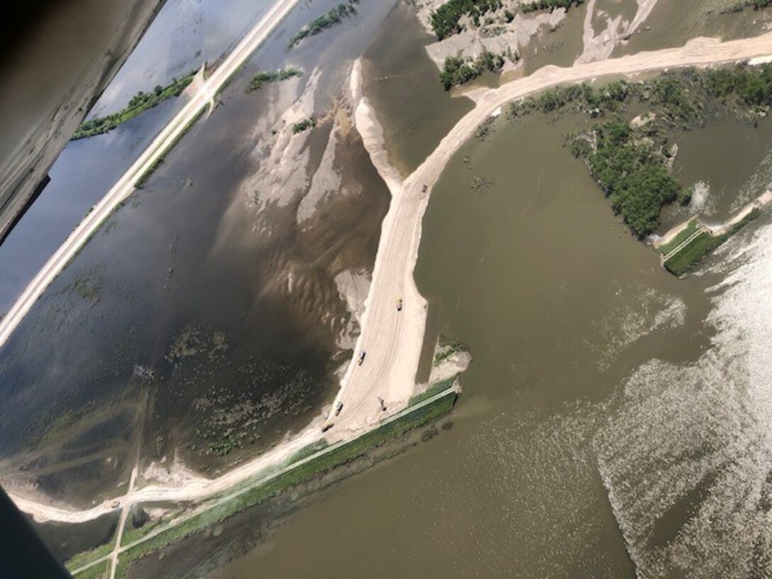 Aerial view of closed breach on levee L611-614 near Council Bluffs, Iowa June 13, 2019. (Photo courtesy of Offutt Aero Club).