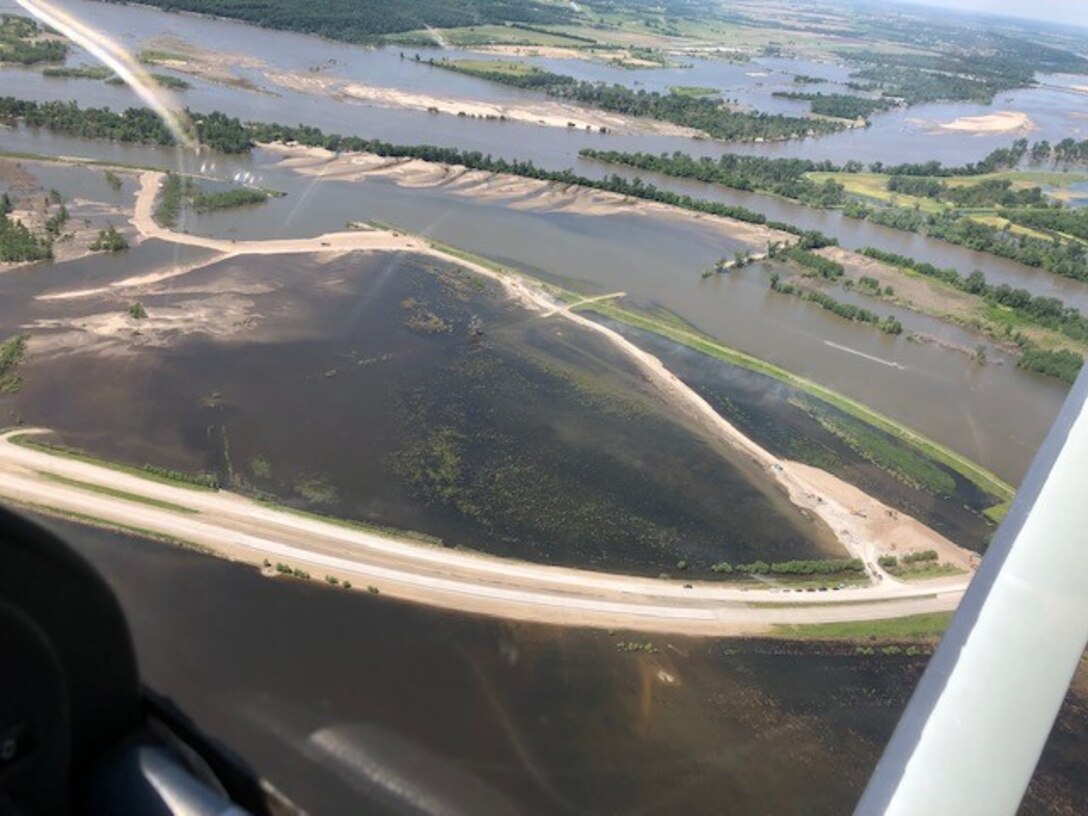 Aerial view of closed breach on levee L611-614 near Council Bluffs, Iowa June 13, 2019. (Photo courtesy of Offutt Aero Club).