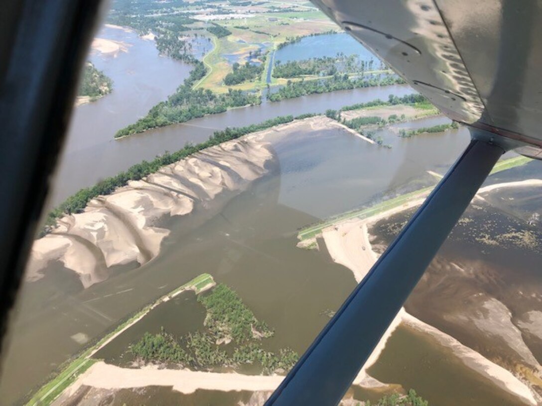 Aerial view of closed breach on levee L611-614 near Council Bluffs, Iowa June 13, 2019. (Photo courtesy of Offutt Aero Club).