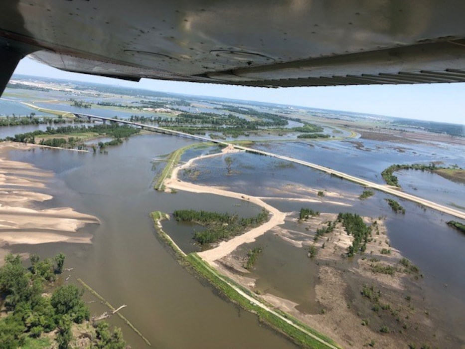 Aerial view of closed breach on levee L611-614 near Council Bluffs, Iowa June 13, 2019. (Photo courtesy of Offutt Aero Club).