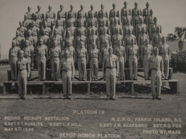 Platoon 19 of Parris Island Recruit Training graduating class of 1955. Marines pictured were Sgt. Maj. (Ret.) Francis T. McNeive’s recruits from one of his cycles as a drill instructor on the island.