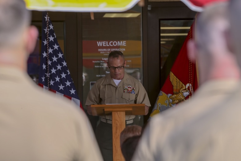 Maj. Gen. Daniel J. Lecce, the Staff Judge Advocate to the commandant of the Marine Corps speaks during the dedication ceremony for Maj. Michael Weston at the Marine Corps Recruit Depot Parris Island, S.C. June 11, 2019. Marines, Family, and friends gathered at the ceremony to pay Homage to the Marine by dedicating a court room to him.