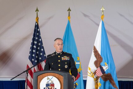 U.S. Marine Corps Gen. Joe Dunford, chairman of the Joint Chiefs of Staff, speaks at the National Defense University (NDU) Graduation at Fort Lesley J. McNair, Washington D.C., June 13, 2019. The NDU Class of 2019 consists of leaders from the U.S. military services, the Department of Defense, other federal government agencies, as well as from the foreign militaries, allied and partner nations.